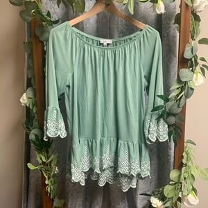 Fever Mint Green Flowy Off Shoulder Top W Eyelet Embroidery Blouse Shirt Large
